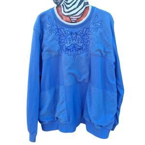 Grandma Core Teacher Double Collar Blue Patchwork Embroidery Bedazzled Sweater L